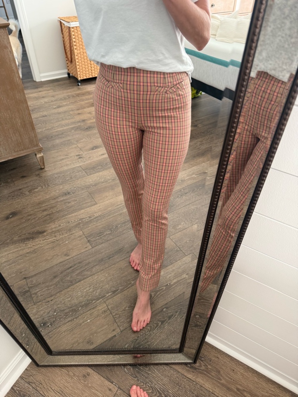 Anthropologie Plaid Slim Ankle Pants in Pink and Beige